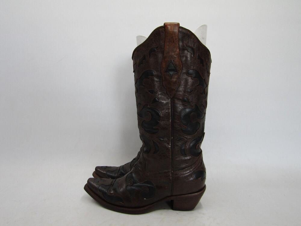 Corral Womens Size 6.5 W (Wide Width) Brown Leather Inlay Western Cowboy Boots